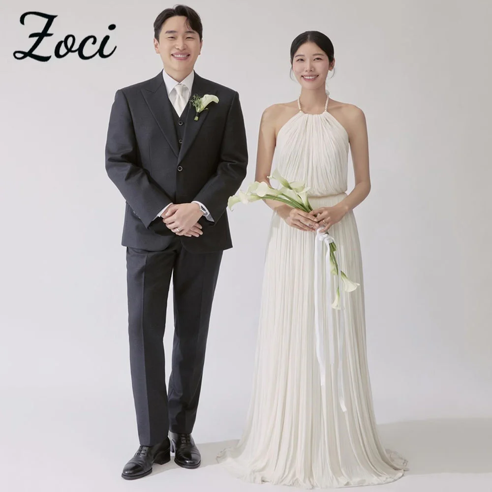 Zoci Modern Pearls Halter Neck Wedding Dresses Korea Chiffon Pleats A Line Evening Dress Photo Shoot Customized Bride Party Gown