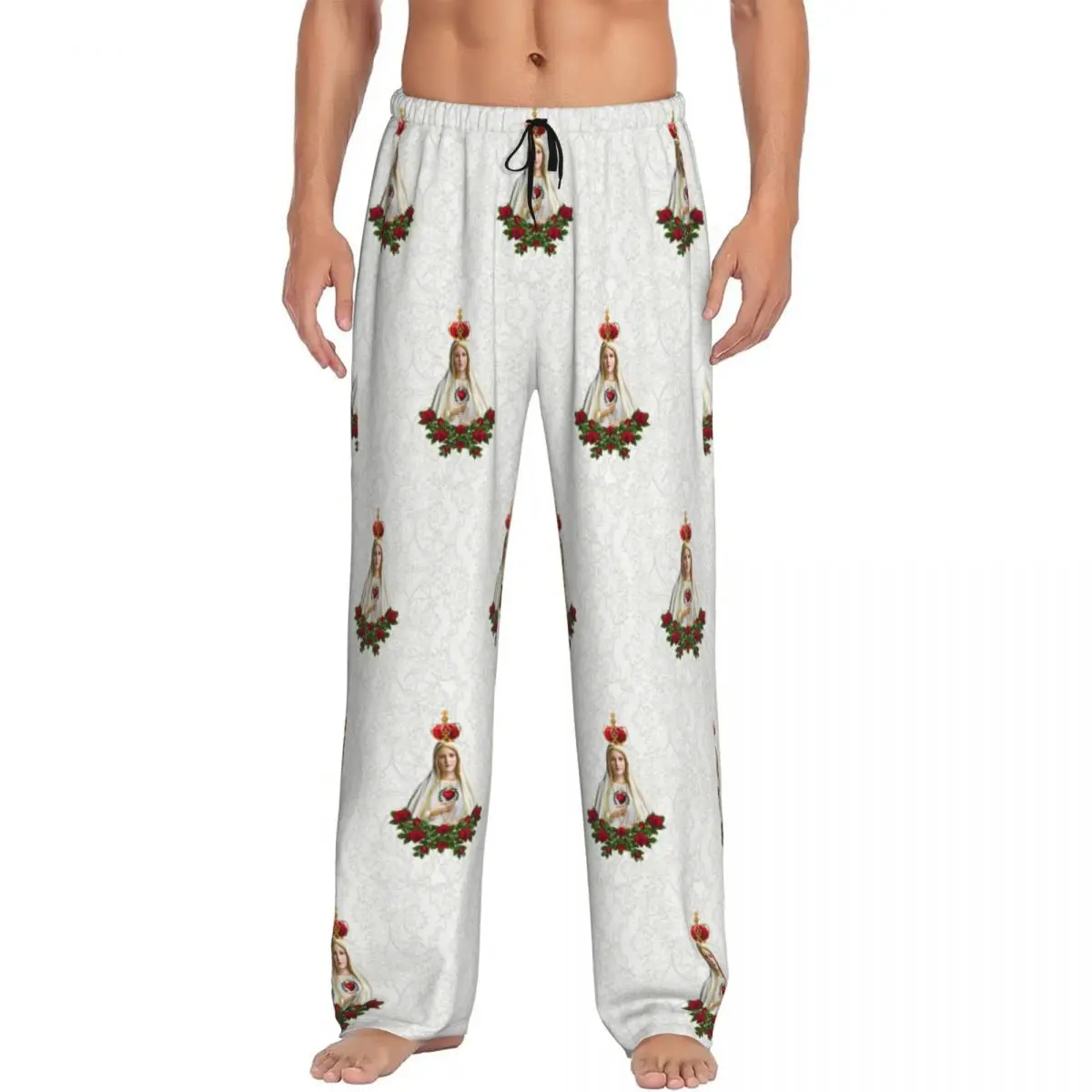 Custom Our Lady Of Fatima Virgin Mary Pajama Pants for Men Portugal Rosary Catholic Lounge Sleep Drawstring Bottoms with Pockets