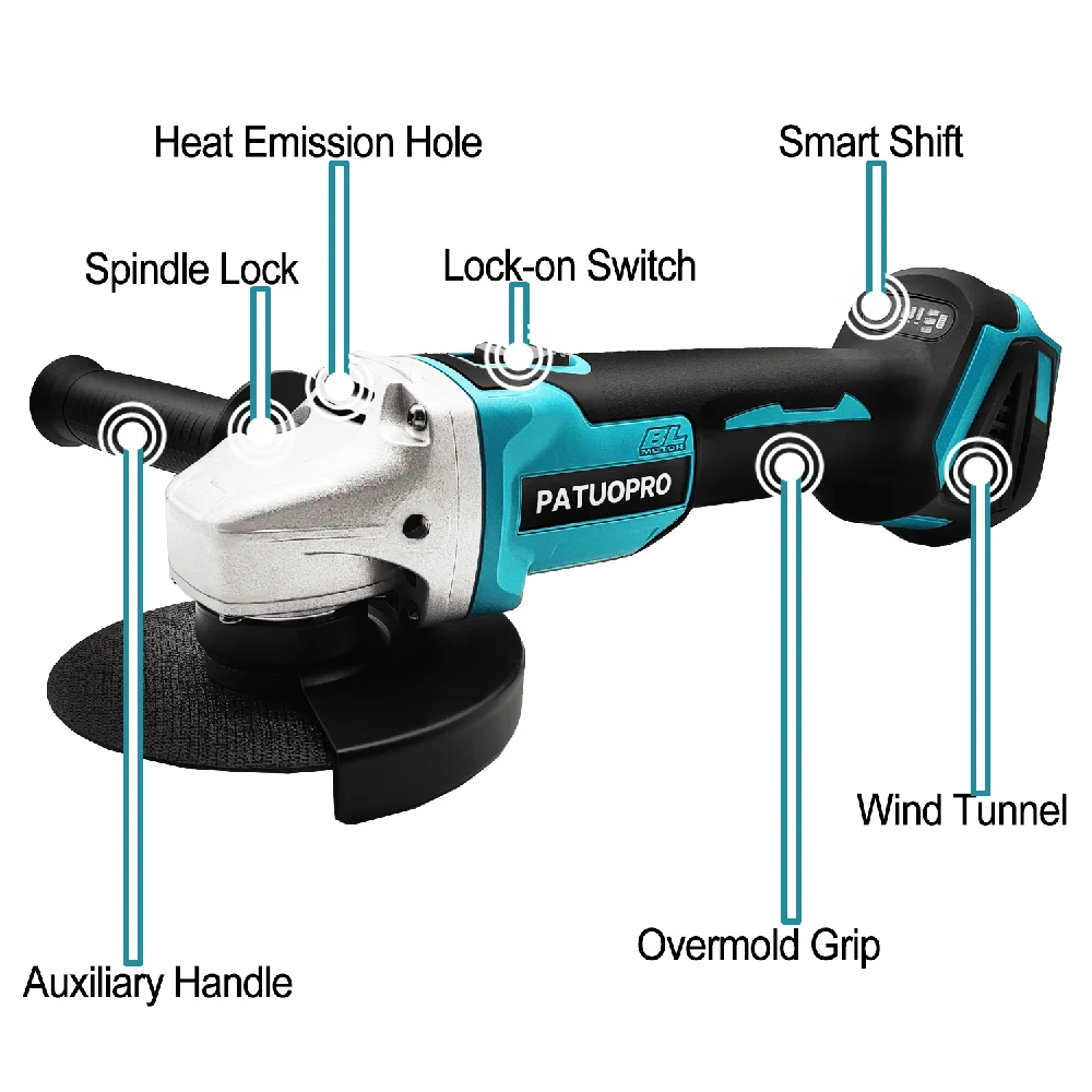 PATUOPRO-Rebarbadora elétrica sem escova, máquina de corte sem fio, ferramenta de polimento, compatível com a bateria Makita 18V, 125mm, M14