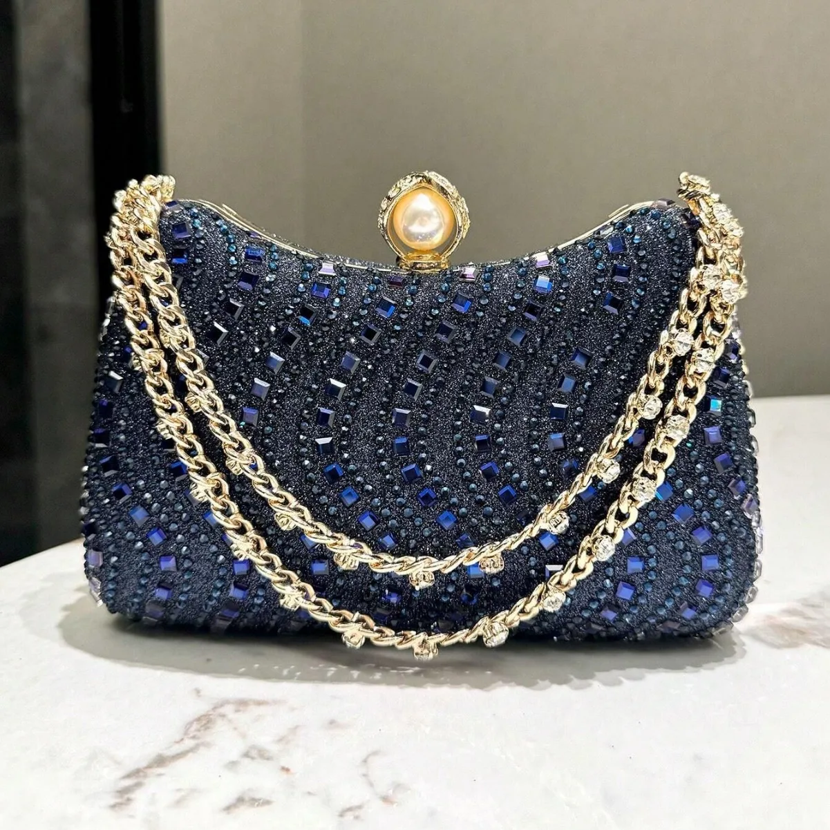 

Fine Rhinestone Diamond Inlay Dinner Evening Bag Retro Luxury Gold Silver Blue Small Clutch For Women Wedding Party Shoulder Bag