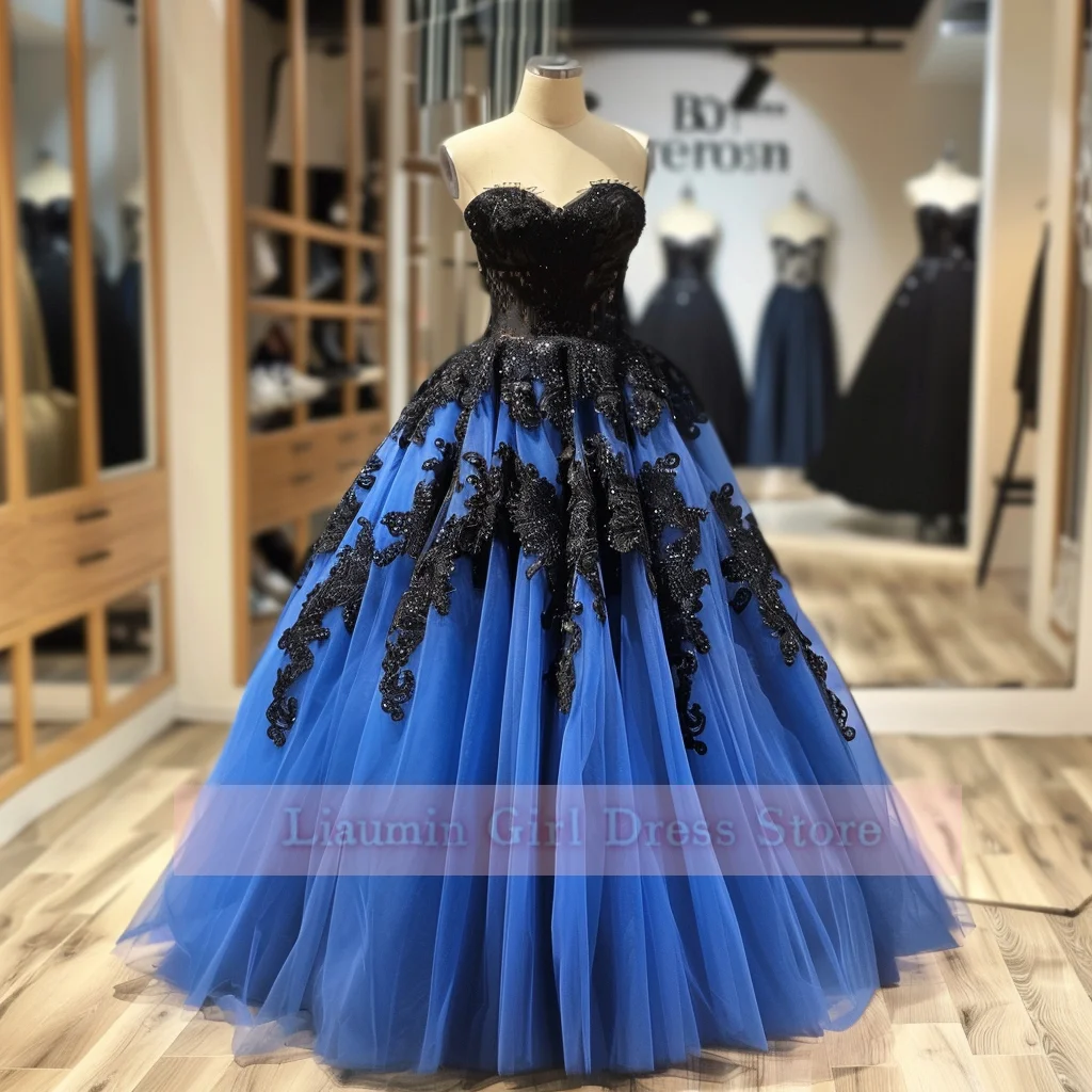 Blaue und schwarze Spitzen applikation träger loses Ballkleid schnüren Rücken in voller Länge Abend formelle Party Ballkleid handgemachte benutzer definierte W9-8