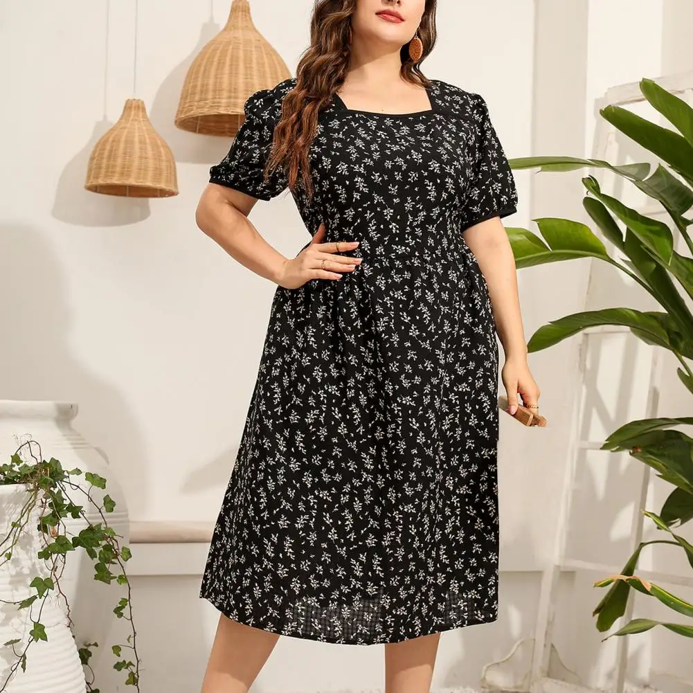 Robe mi-longue à col carré, grande taille, manches courtes, taille serrée, grand ourlet, imprimé Floral, décontractée, vêtements féminins, été