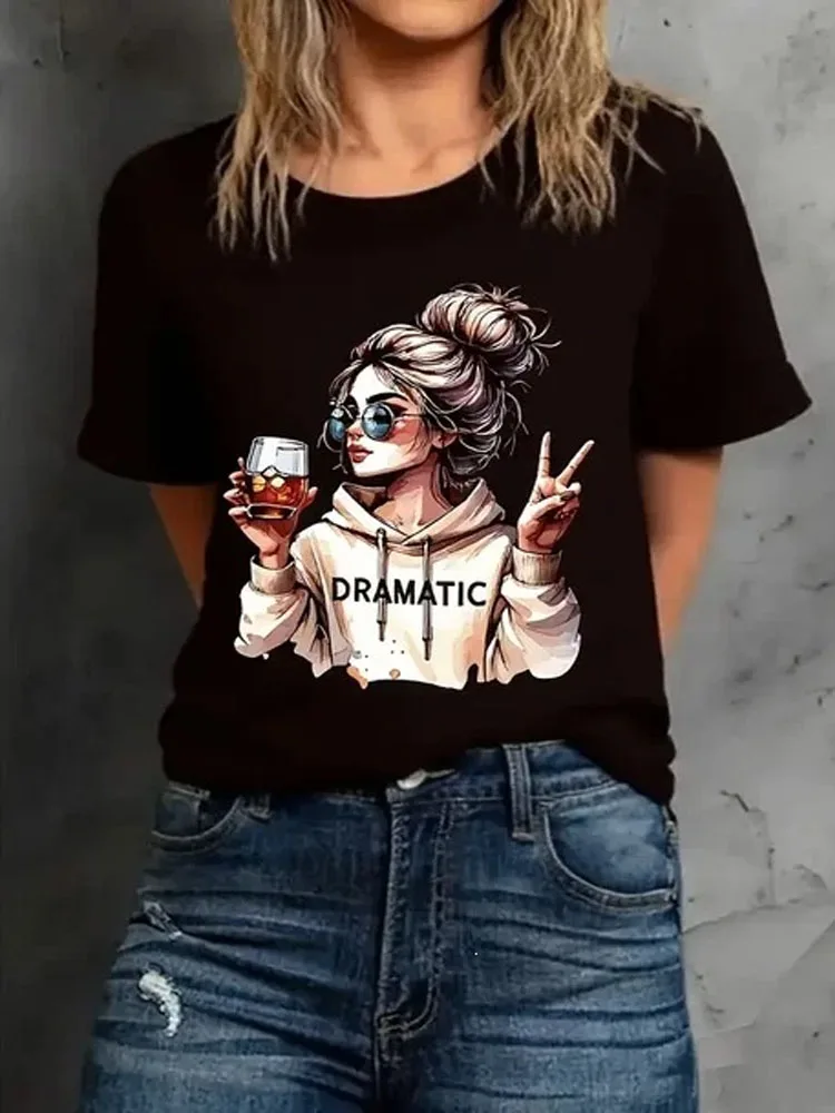 Women Casual Crew Neck T‑Shirt Dramatic Girl Character Graphic Print Short Sleeve Daily Streetwear Tee Tops