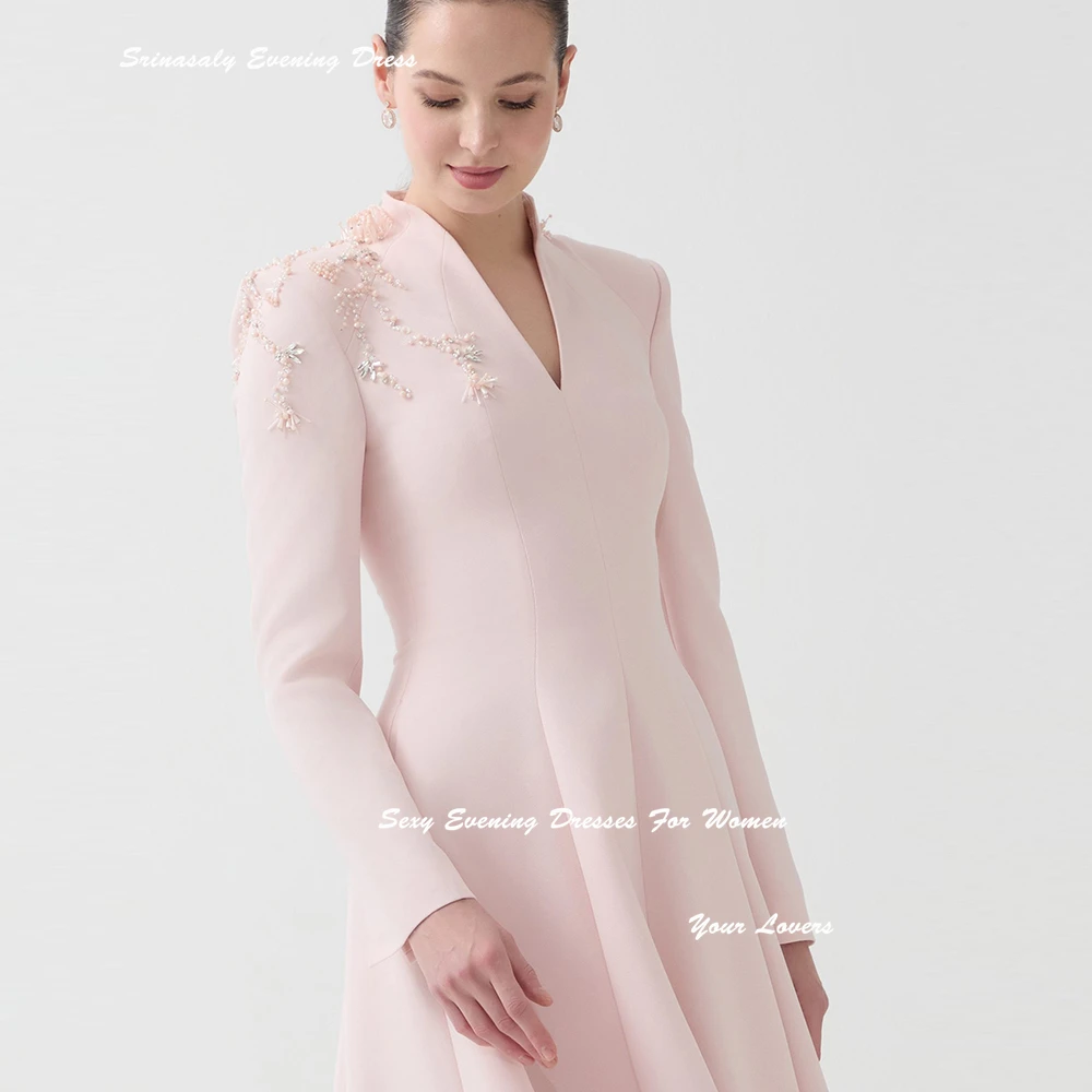 Customized Pink Crepe Evening Dresses For Sexy Women V-Neck Cocktail Party Gowns A-line Floor-length Pleated Prom Dress 2025