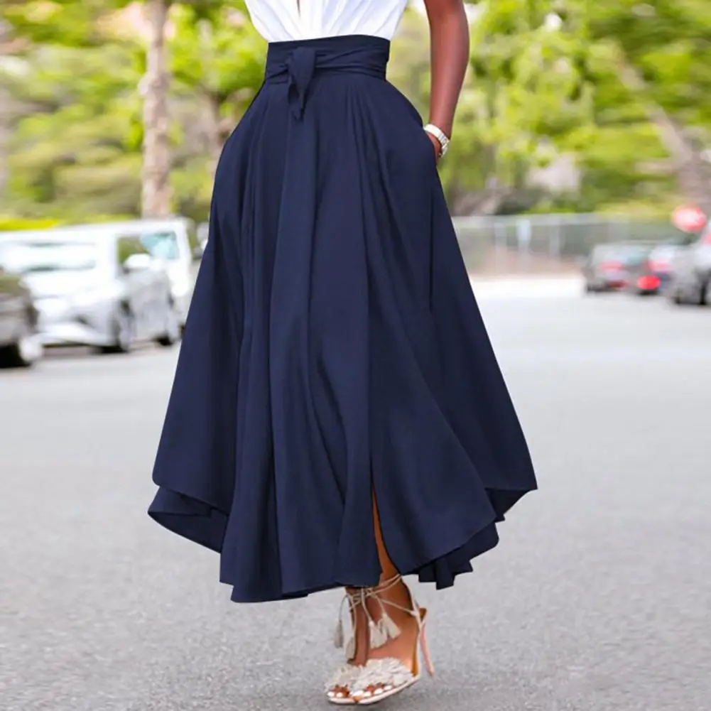 Women Skirt High Waist A Line Skirts High Split Back Zipper Ankle Length Belt High Split Summer Long Skirts Vintage Beach faldas