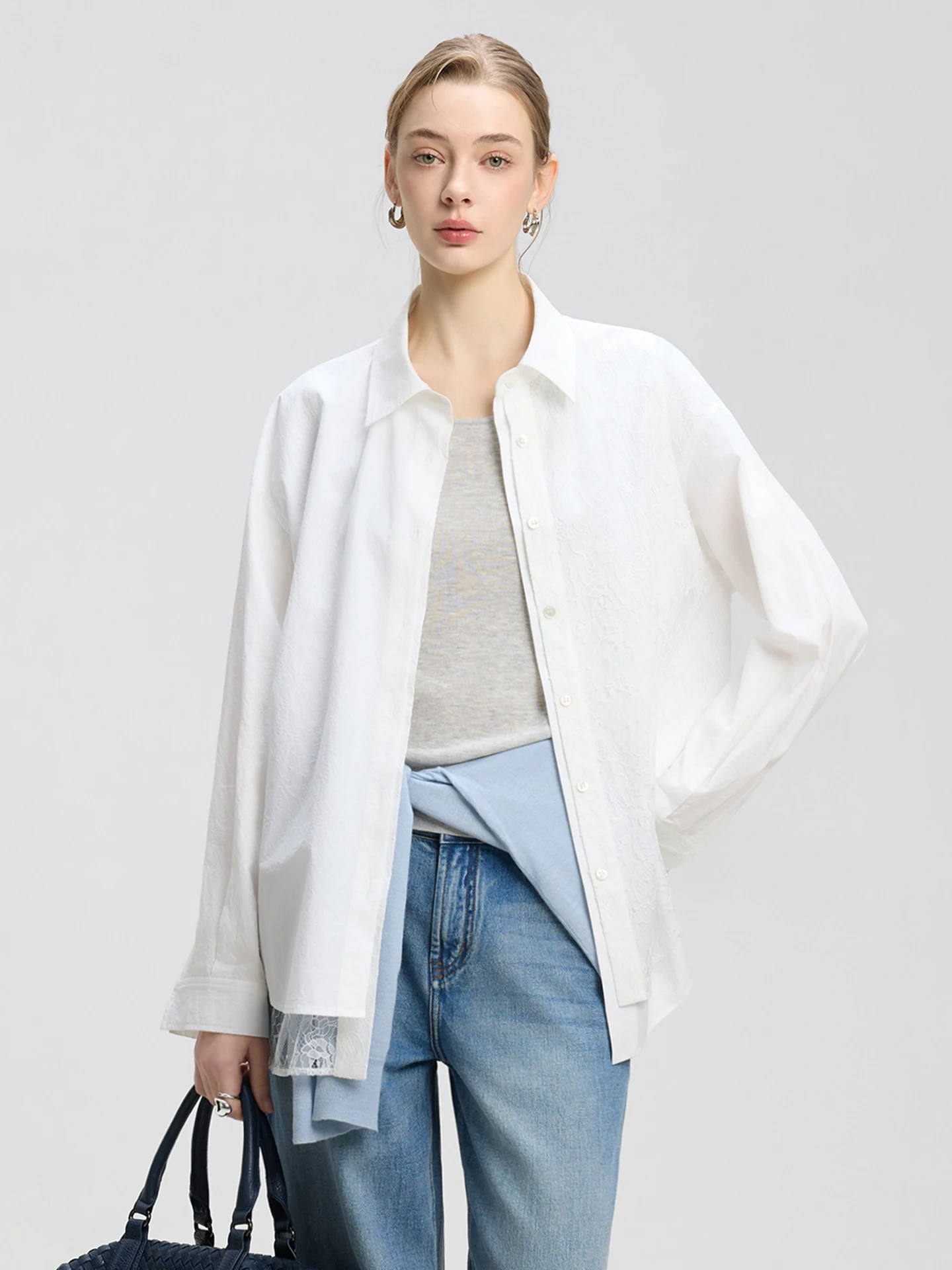 

Женская блузка LUR с длинным рукавом и кружевными вставками, повседневный стиль, класса люкс, универсальный топ из дышащего хлопкового смесового материала, весна 2026