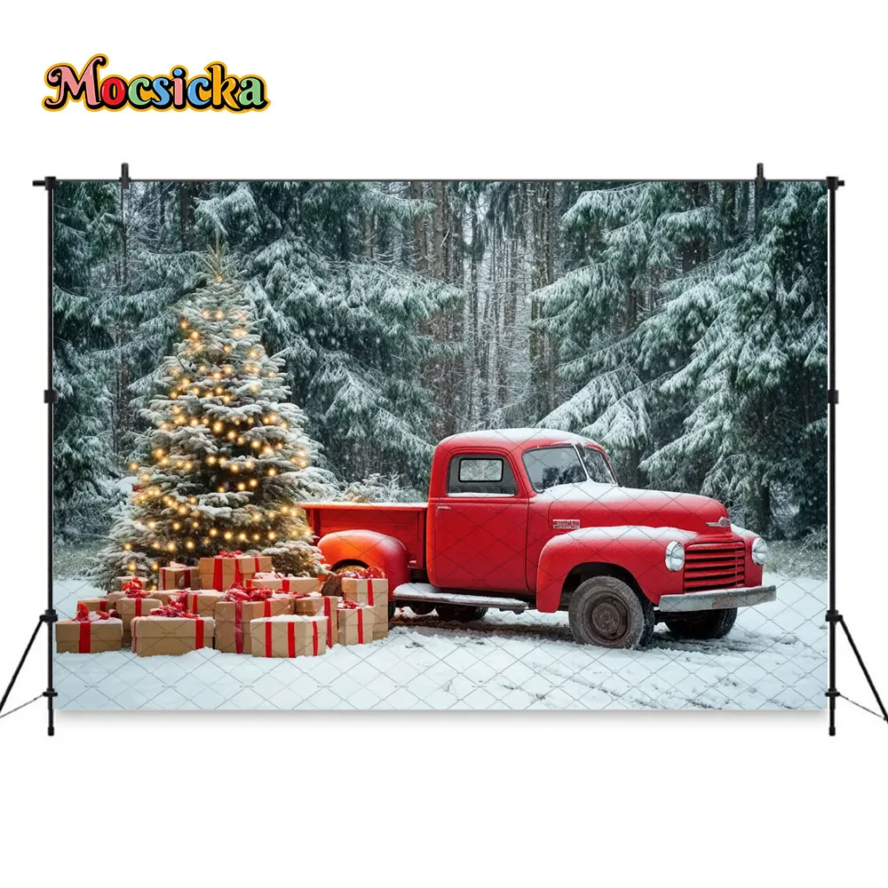 Mocsicka الأحمر هدية عيد الميلاد عربة خلفية التصوير الفوتوغرافي شجرة عيد الميلاد الغابات الأبيض حقل ثلجي خلفية الشتاء الأسرة في الهواء الطلق الصورة #3