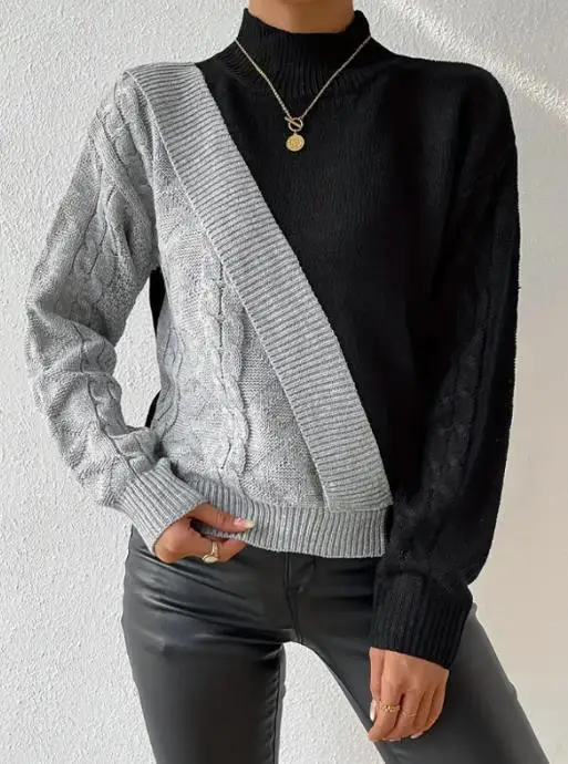 

Women's Semi High Collar Fried Dough Twists Knitwear Autumn and Winter Contrast Loose Sweater Women