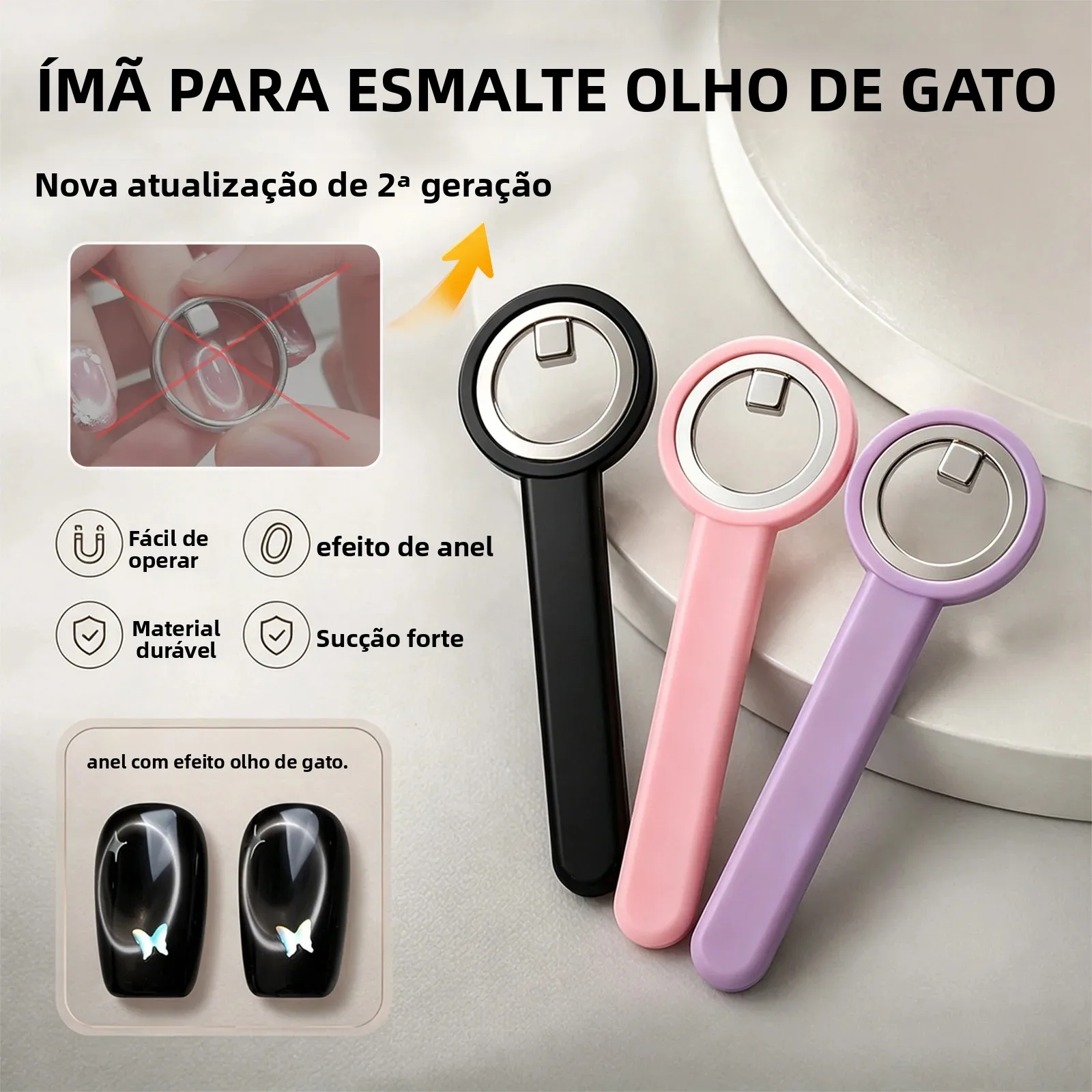 Novo Bastão Magnético Circular para Unhas Efeito Olho de Gato com Alça, Ferramenta Magnética para Efeito Halo em Esmalte em Gel Magnético, Arte de Man