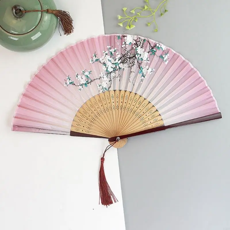 Imitation Silk Folding Hand Fan For Women Traditional Dance Performances Props 55KF