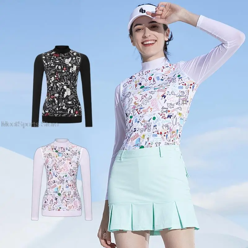 

Women's Long-Sleeved Golf Shirts Printed Ice Silk T-Shirt Spring /Summer Stand Neck Sports Ball Clothes Sunscreen Thin Tops