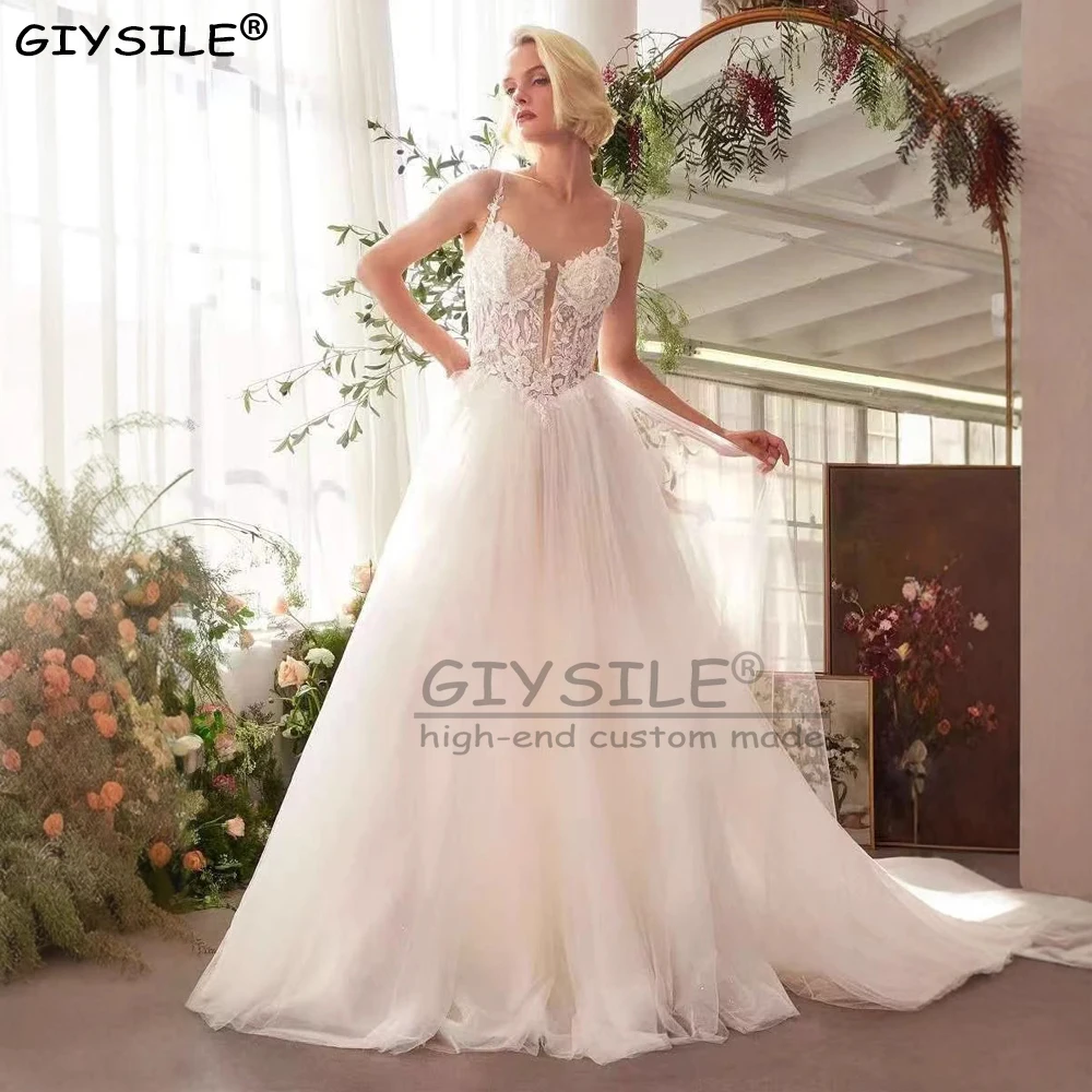 

GIYSILE Customized Spaghetti Straps Wedding Dresses Luxury 2025 Simple Deep V-neck Sexy Lace Backless Bridal Photo Shoot Dresses