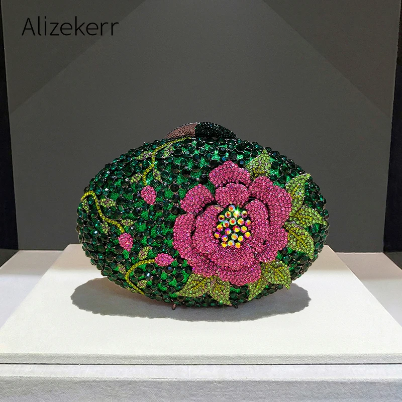 Bolso de noche Alizekerr Peony Diamond para mujer, bolso de mano metálico con forma ovalada y flores de diamantes de imitación para eventos formales