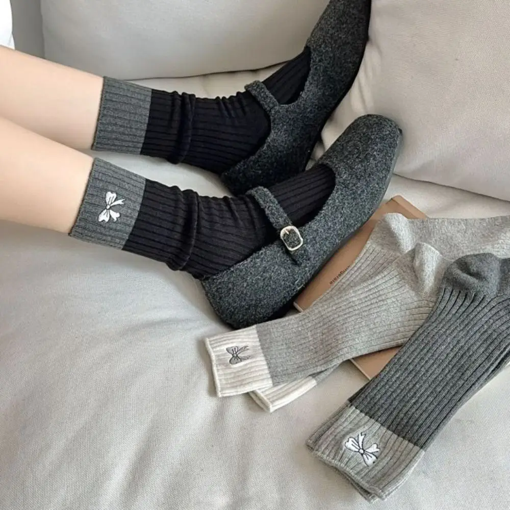 3Pairs Soft Patchwork Embroidered Bow Socks Kawaii Anti-slip Sweet Bowknot Socks Hosiery Mid Tube Socks Women Lady