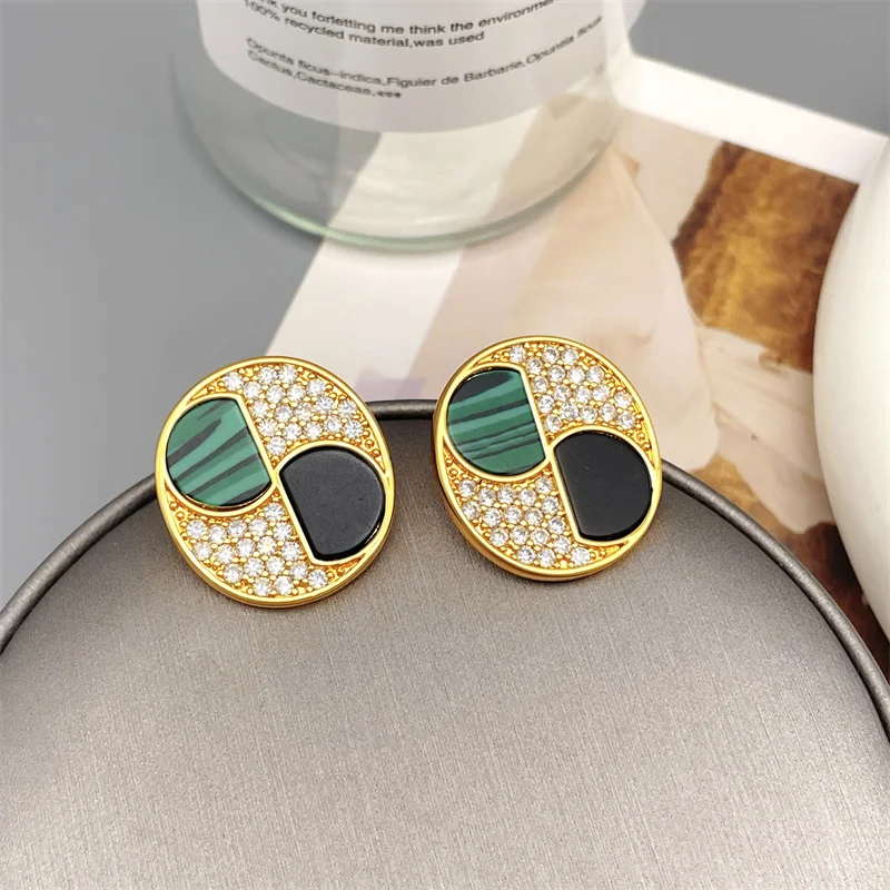 

European And American Retro Full Drill Inlaid Malachite Circular Shape Drop Earrings For Women Exquisite Personality Earrings