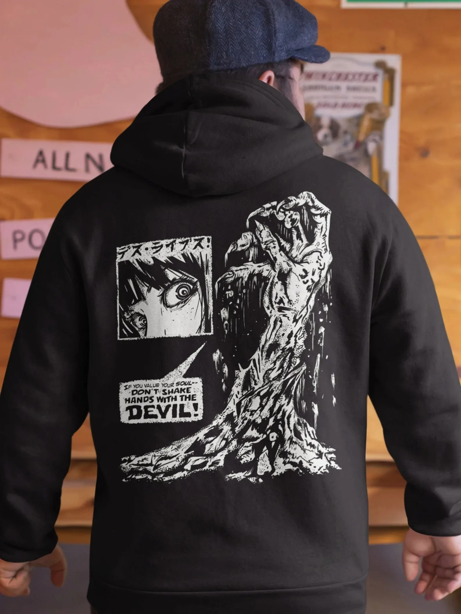 

Autumn Winter Cozy Cotton Hoodie with Manga - Style Devil Hand and Warning Slogan Design Designed Visually Striking Artistic