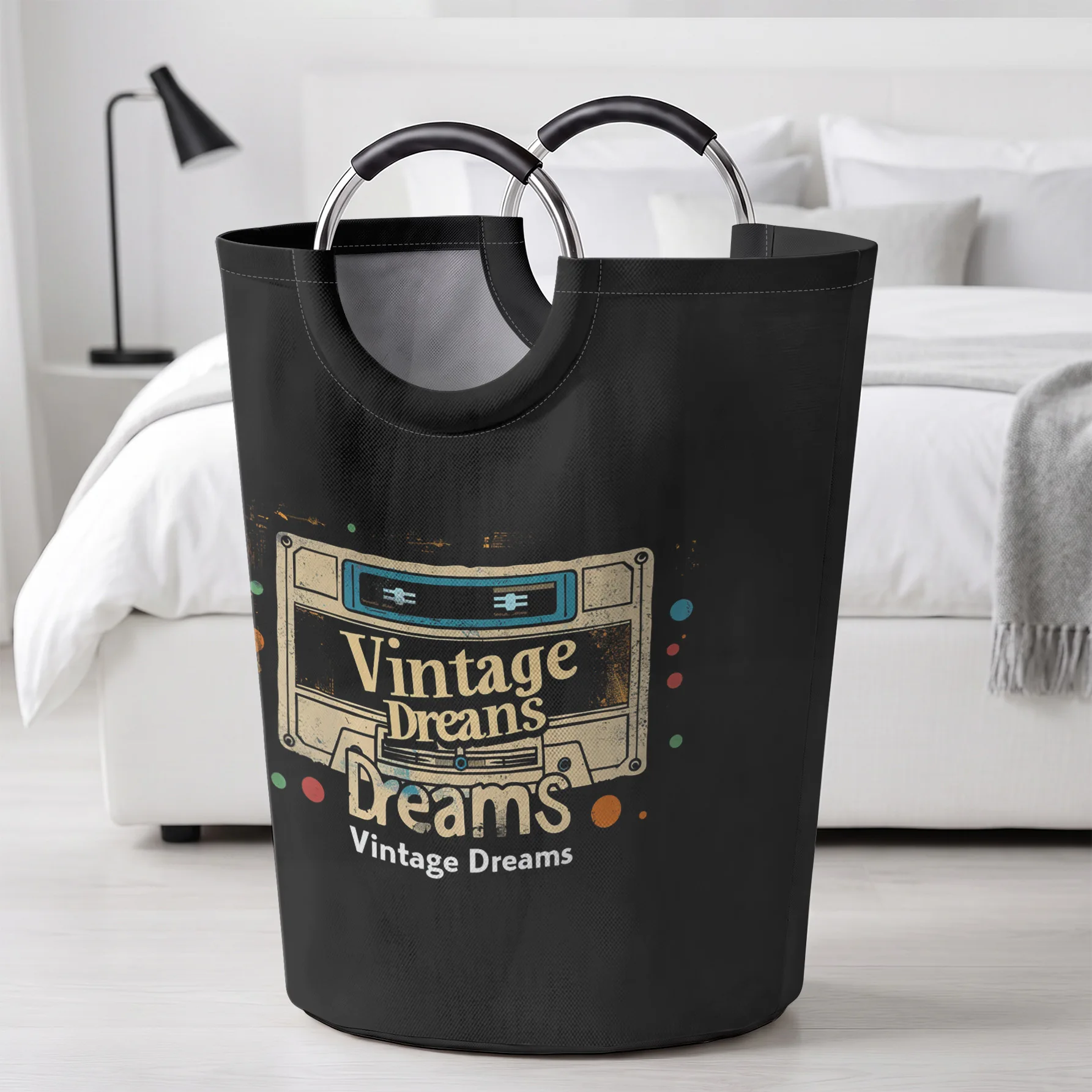 Vintage Cassette Print Handled Storage Basket, Large Capacity, For Laundry, Bedroom & Sundries Storage