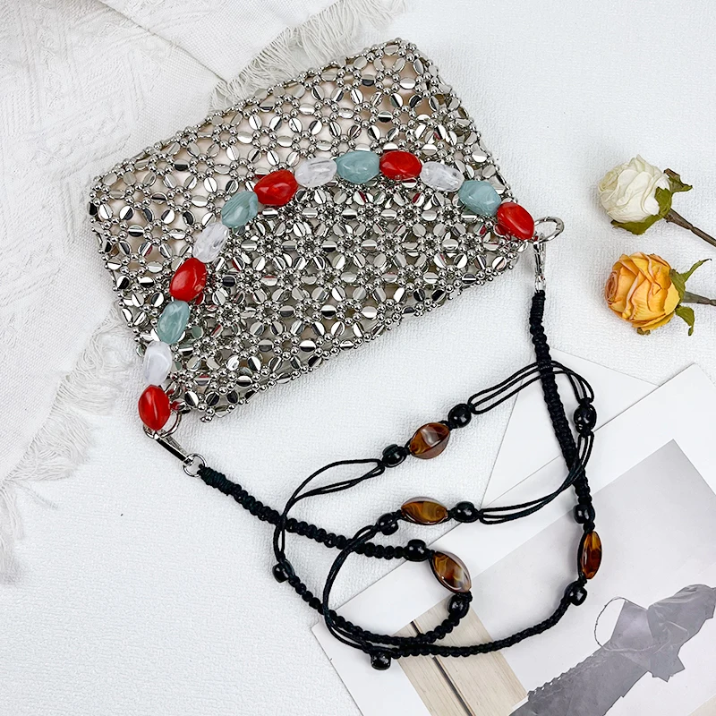 2025 new retro silver hand woven bead acrylic small square bag with long shoulder strap, mobile phone crossbody bag view 5