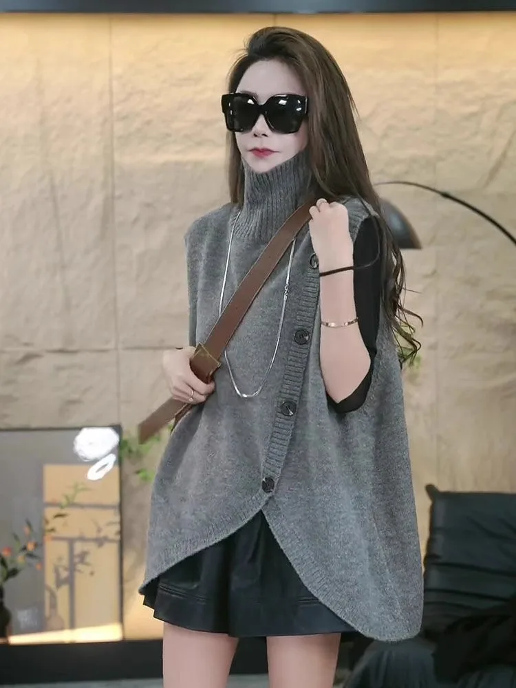 Elegant Grey High Collar Knitted Sweater Vest Autumn Winter New Arrival Women's Fashion Commute Style Premium Feeling  Top