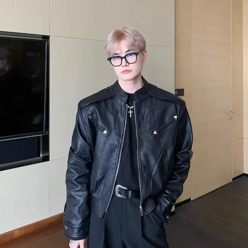 PU Leather Jacket Short Stand Collar Biker Coat for Spring Autumn Loose Fit Motorcycle Inspired Design Premium Black Color​