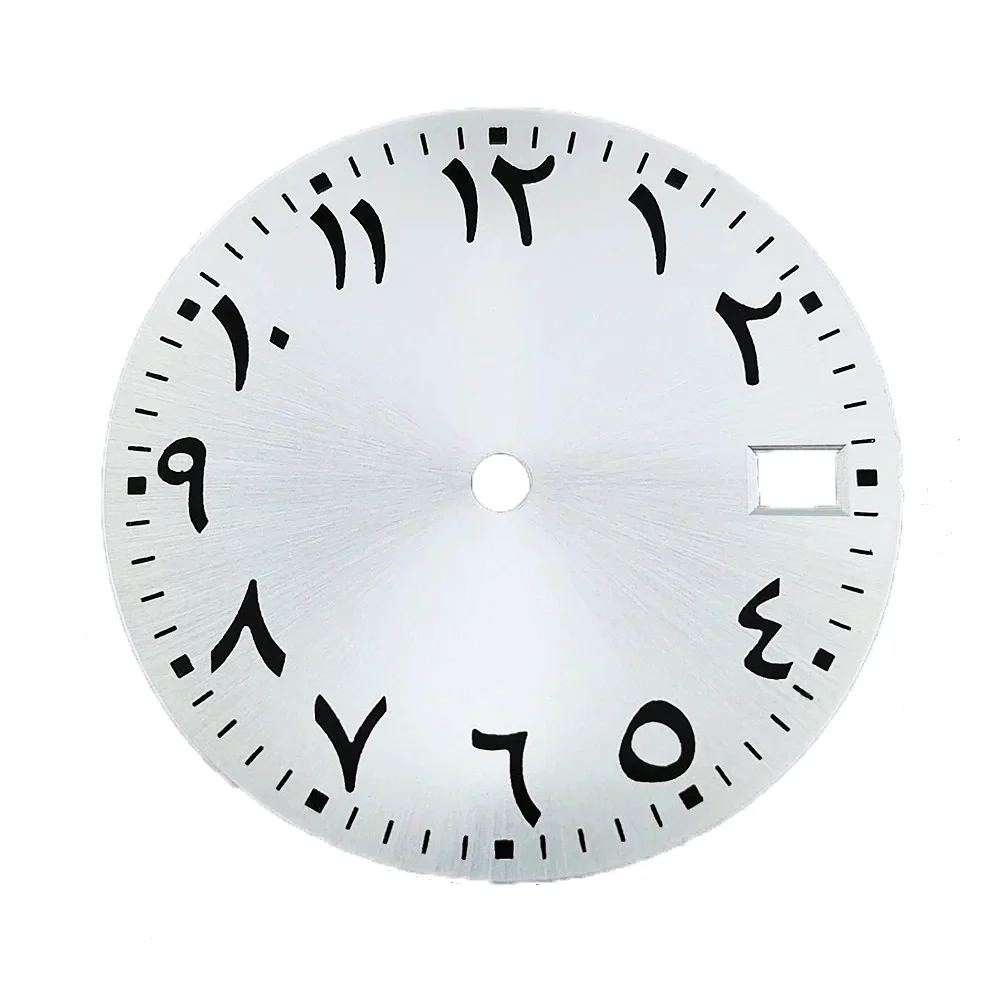 Esfera de reloj con números árabes para NH34, NH35A, NH36, movimiento automático, cara estéril, calendario único, logotipo personalizado, 28,5mm