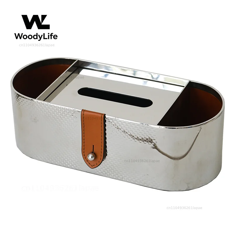 Luxury Stainless Steel Tissue Box with Light Coffee Table Napkin Holder Remote Control Storage Organizer for Living Room Home