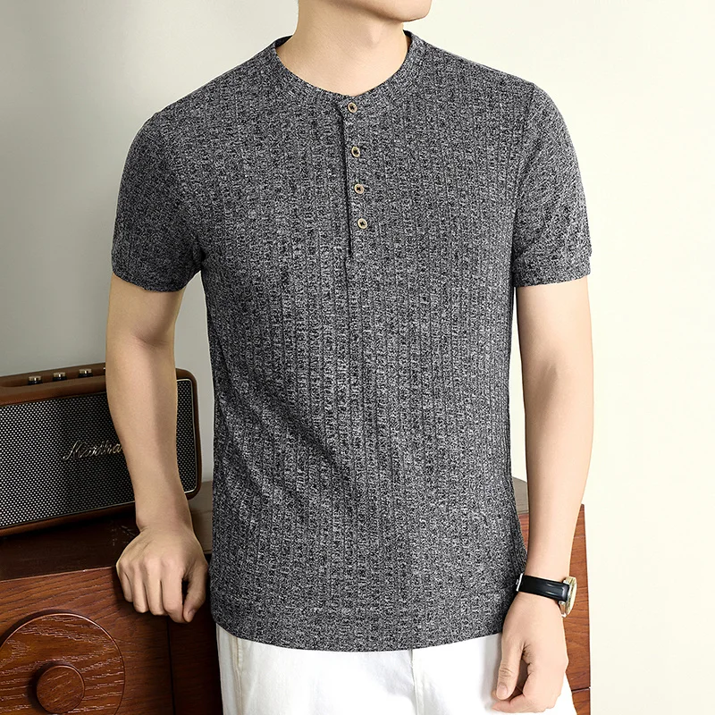 Herren Henley-Kragen Vertikal Geripptes Kurzarm-Strick-T-Shirt Lässige Oberteile Dehnbar Atmungsaktiv Knitterfrei Sommerkleidung – Detail 13