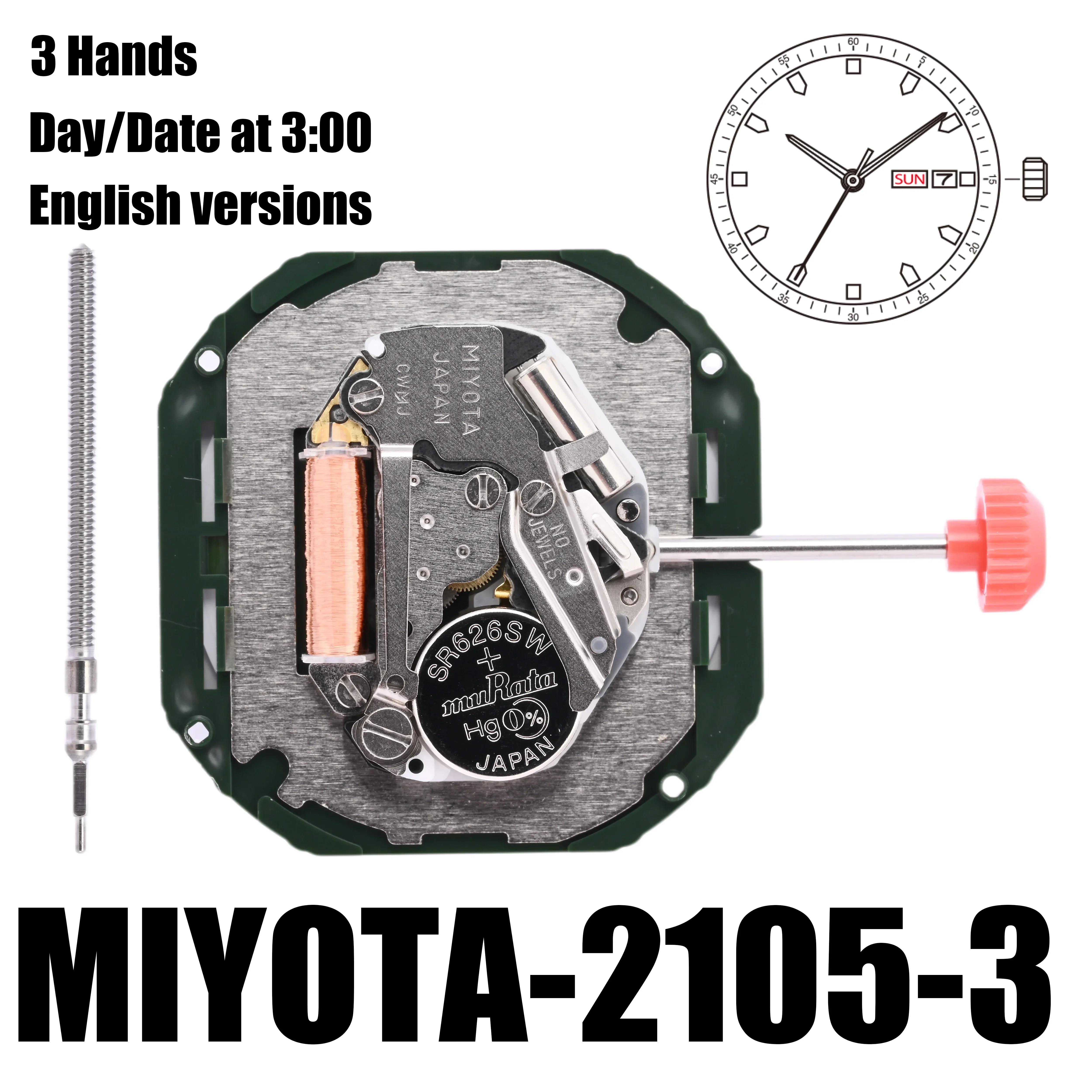 2105 Movement Miyota 2105 Movement 2105-3 English Versions 3 Hands Day/Date At 3:00.Size:10 1/2''' Heigh:4.15mm