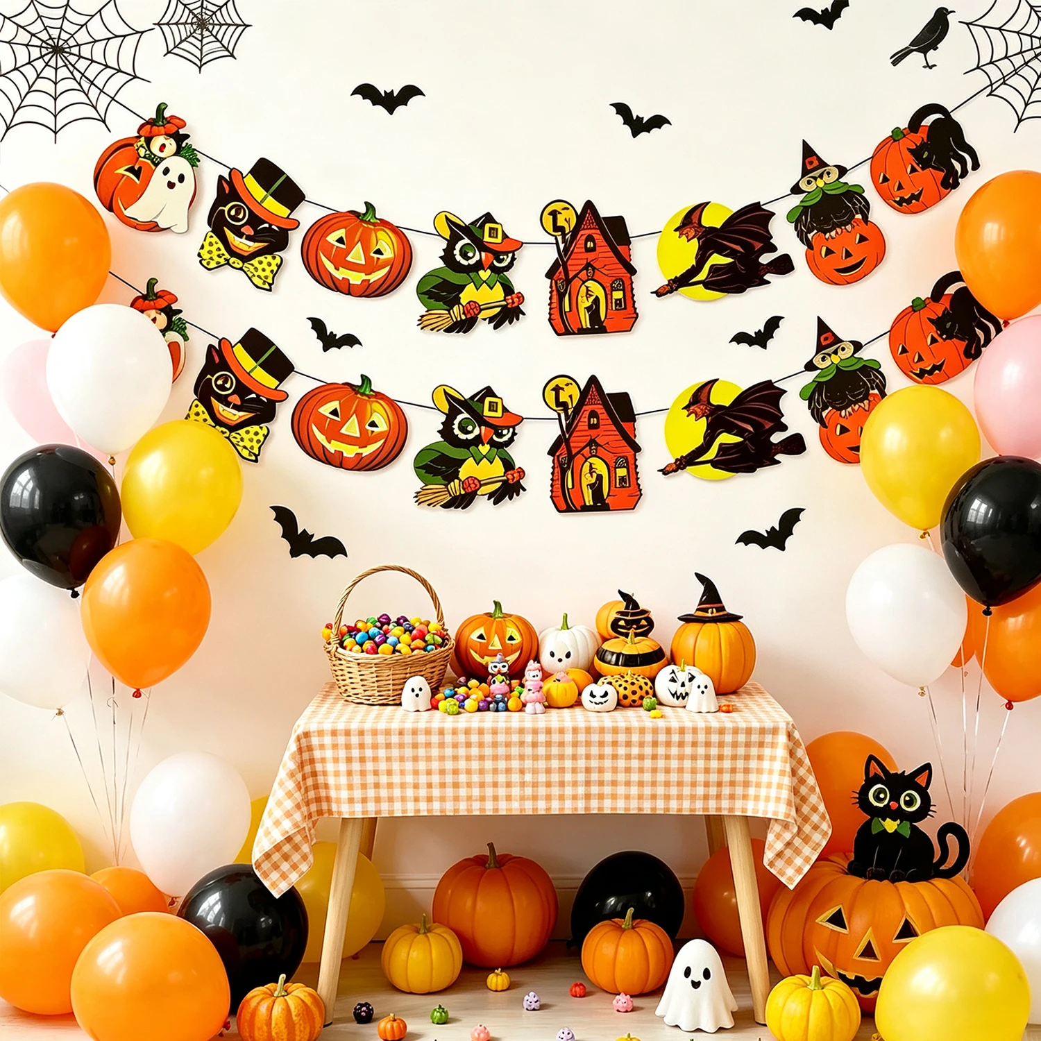 Vintage Halloween Papierbanner Retro Kürbis Schwarze Katze Geisterhaus Girlande für Heimwand Kaminsims Kamin Partydekorationen – Detail 3