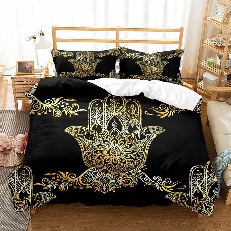 

Hamsa Hand Duvet Cover King Queen Boho Black Gold Lucky Hand of Fatima Bedding Set Hippie Paisley Tribal Polyester Quilt Cover