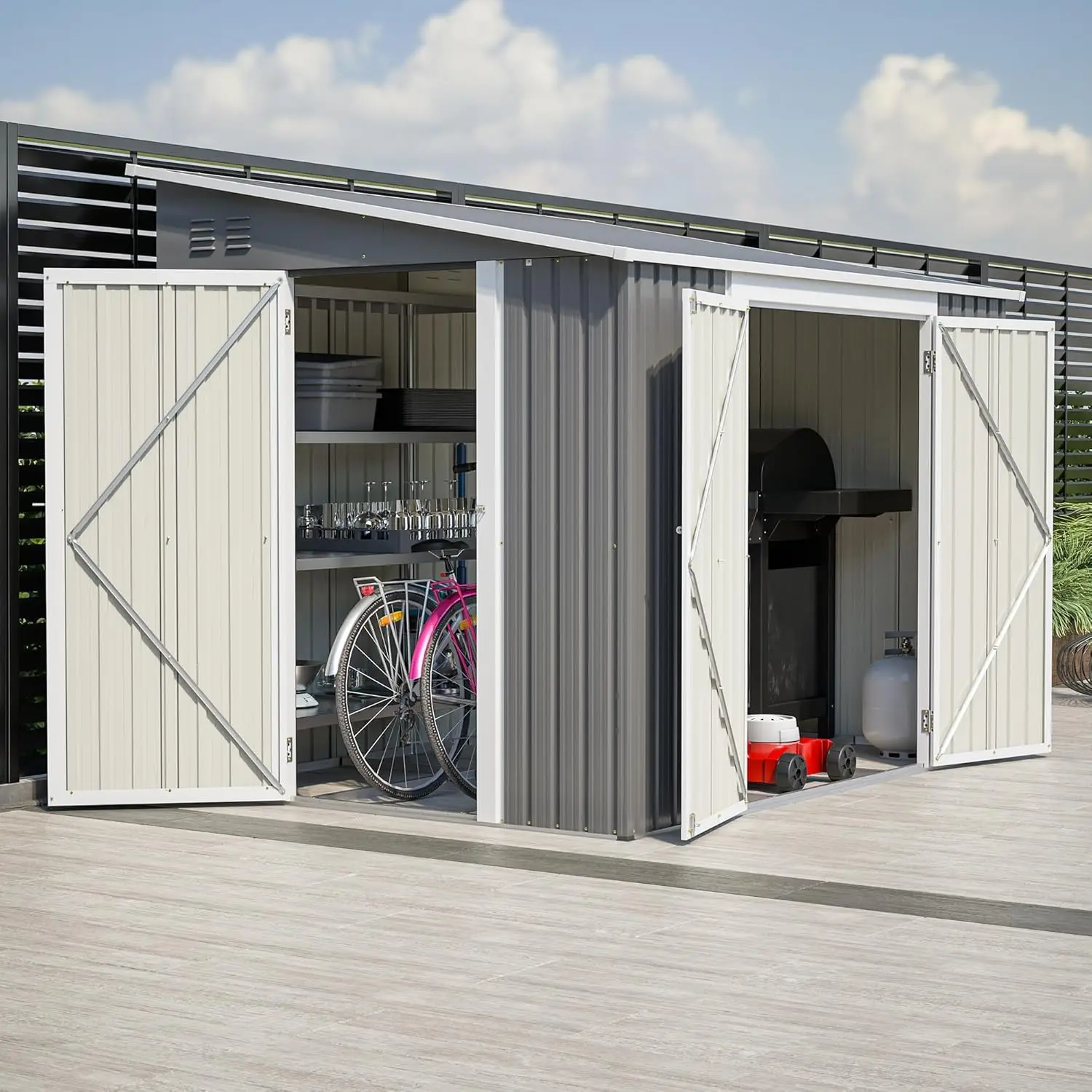 

8x6 FT Outdoor Storage Shed with Sloping Roof, Lockable Double Doors & Adjustable Side Door, Weatherproof with, Customized