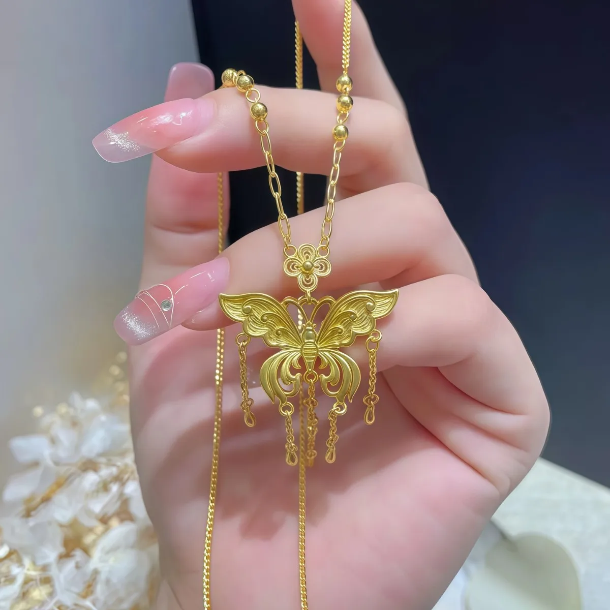 

Luxury 24K 9999 Pure Gold real gold Butterfly Tassel Necklace Pendant Women Necklace