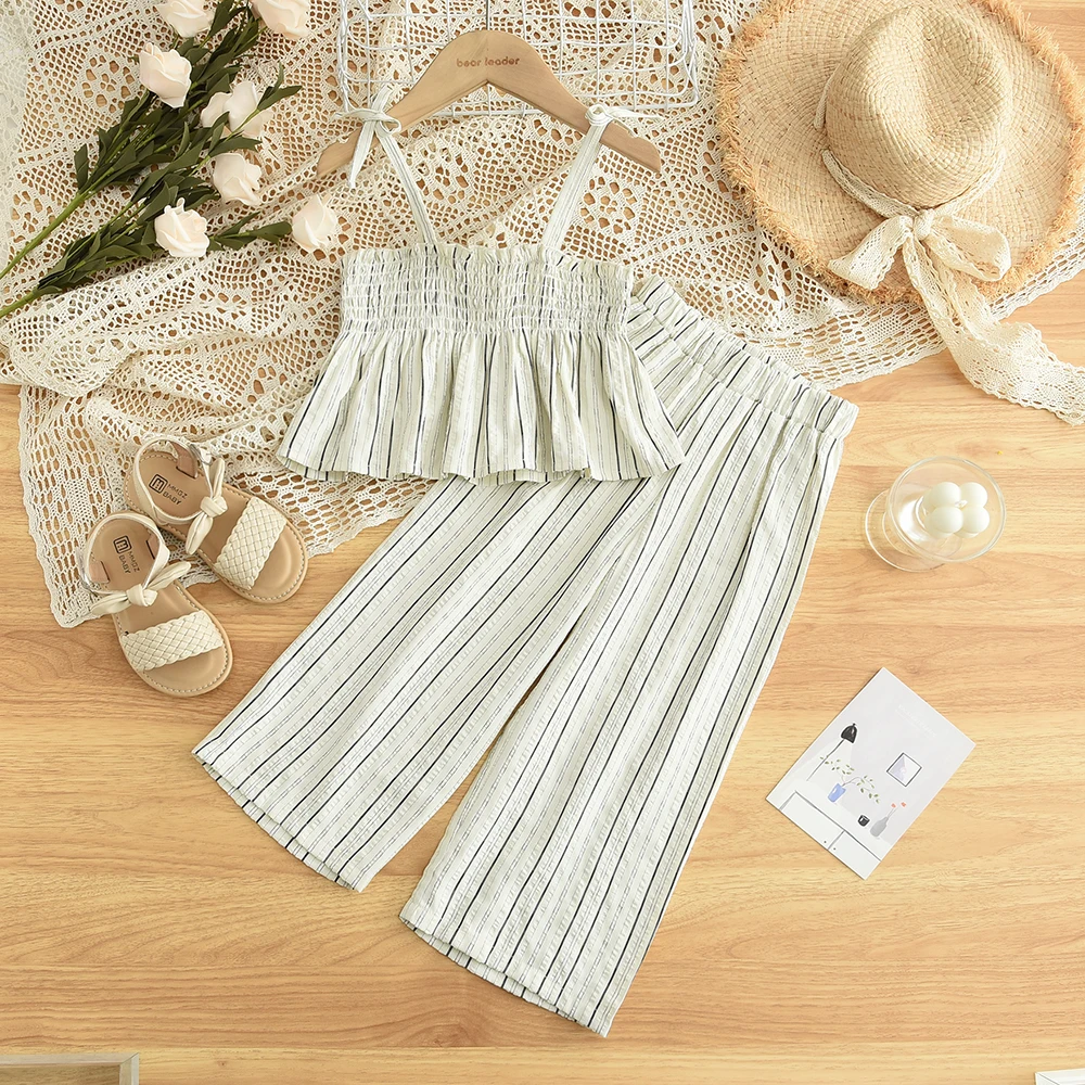 

Summer Girls' White Vertical Striped Clothing Summer Camisole Elastic Top+wide Leg Casual Pants Two-piece Set New Kids Clothes