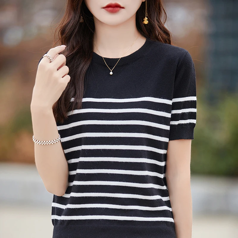 Women\'s 100% Merino Wool Top Round Neck O Neck Striped Sweater Short Sleeve T-Shirt 2024 New Model