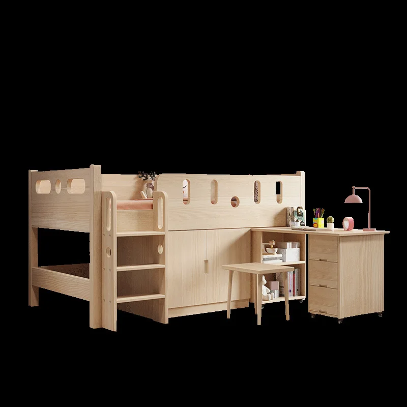 

Solid wood children's half-height bed with wardrobe multi-functional table combinationsmall apartment storage desk integrated