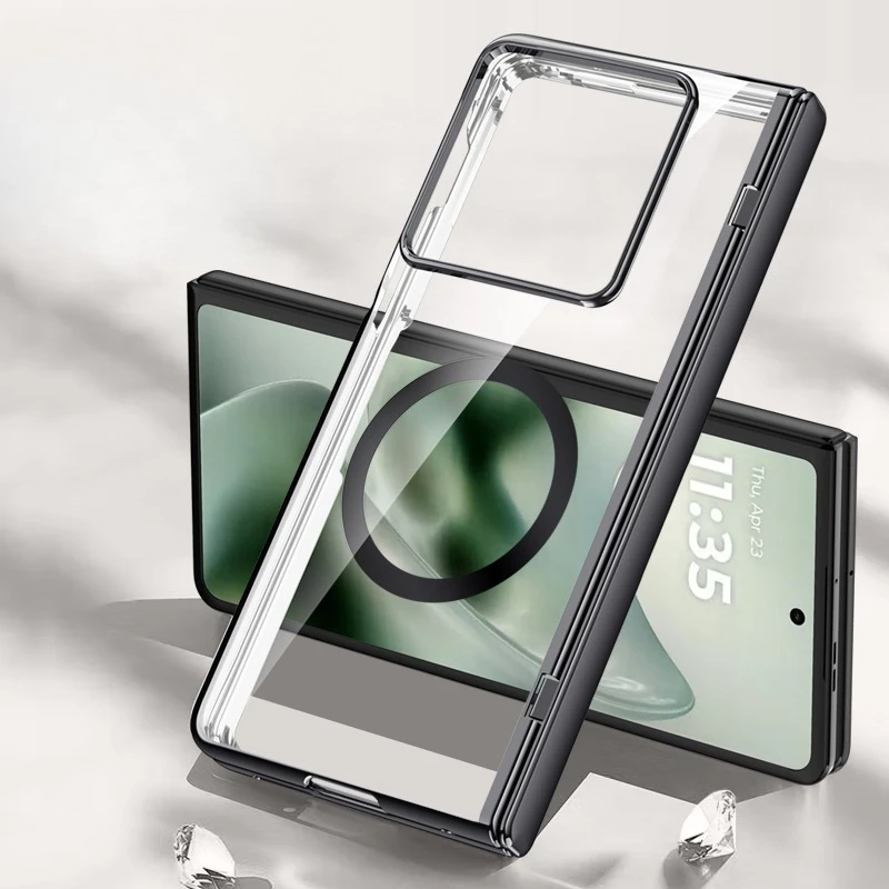 

For Motorola Moto Razr Fold Case Magnetic Electroplated Hard PC Folding Hinge Lens Kickstand Cover With Tempered Glass