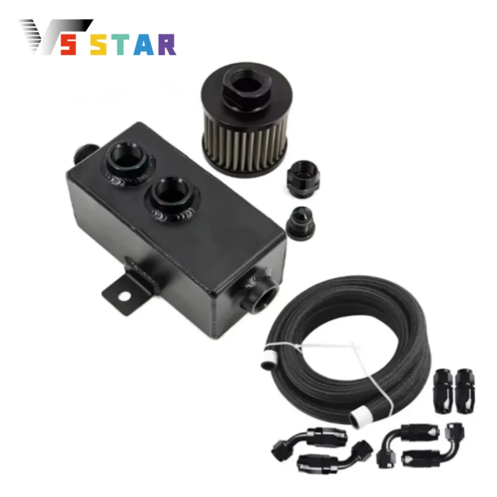 

Universal Aluminum Sheet 1L Oil Catch Can Reservoir Tank Breather Filter Baffled + 10AN 3.6M Fuel Line Kit Black For Lubricants