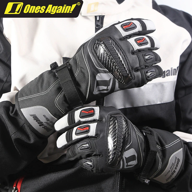 OnesAgain Winter Riding Warm Gloves Long Waterproof Cold Carbon Fiber Shell Protection Motorcycle Off-Road Reflective Gloves