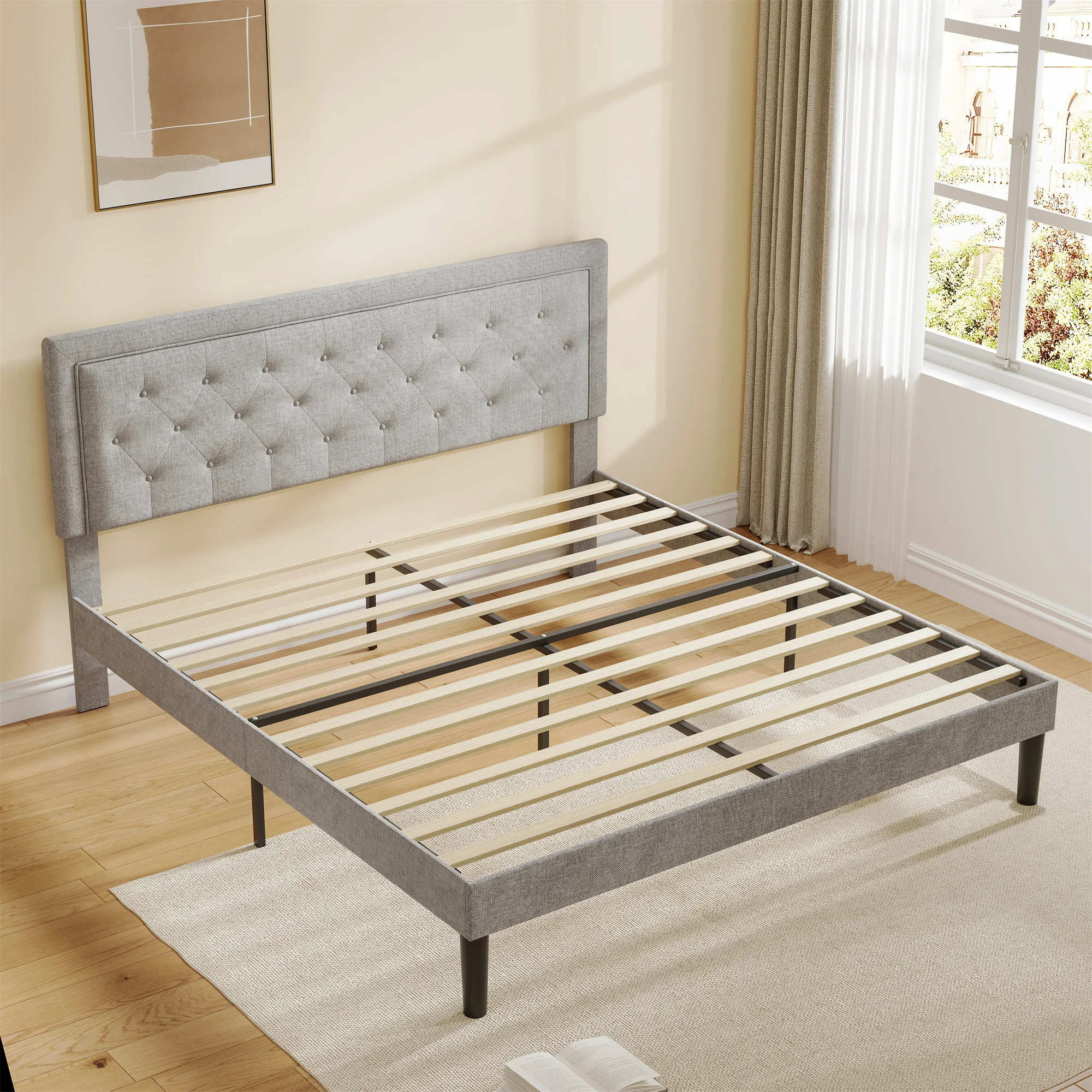 [Flash Sale]Queen Size Light Grey Bed Frame with Adjustable Border Headboard[US-Stock]