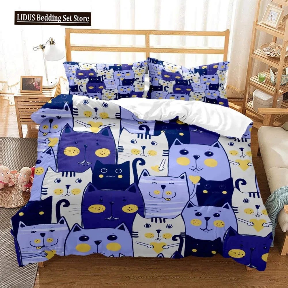 Cute Cat Print Quilt Cover Pillow Cover Bedding Set Luxury Queen Bedding Set Cute Style Customized Boys Bedding Set