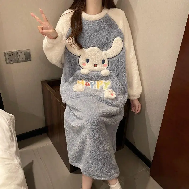 Y2K Cartoon Cinnamoroll Large Size Woman Home Clothes Night Dress Anime Warmth Sweet Loungewear Pajamas Plush Nightgown Gift