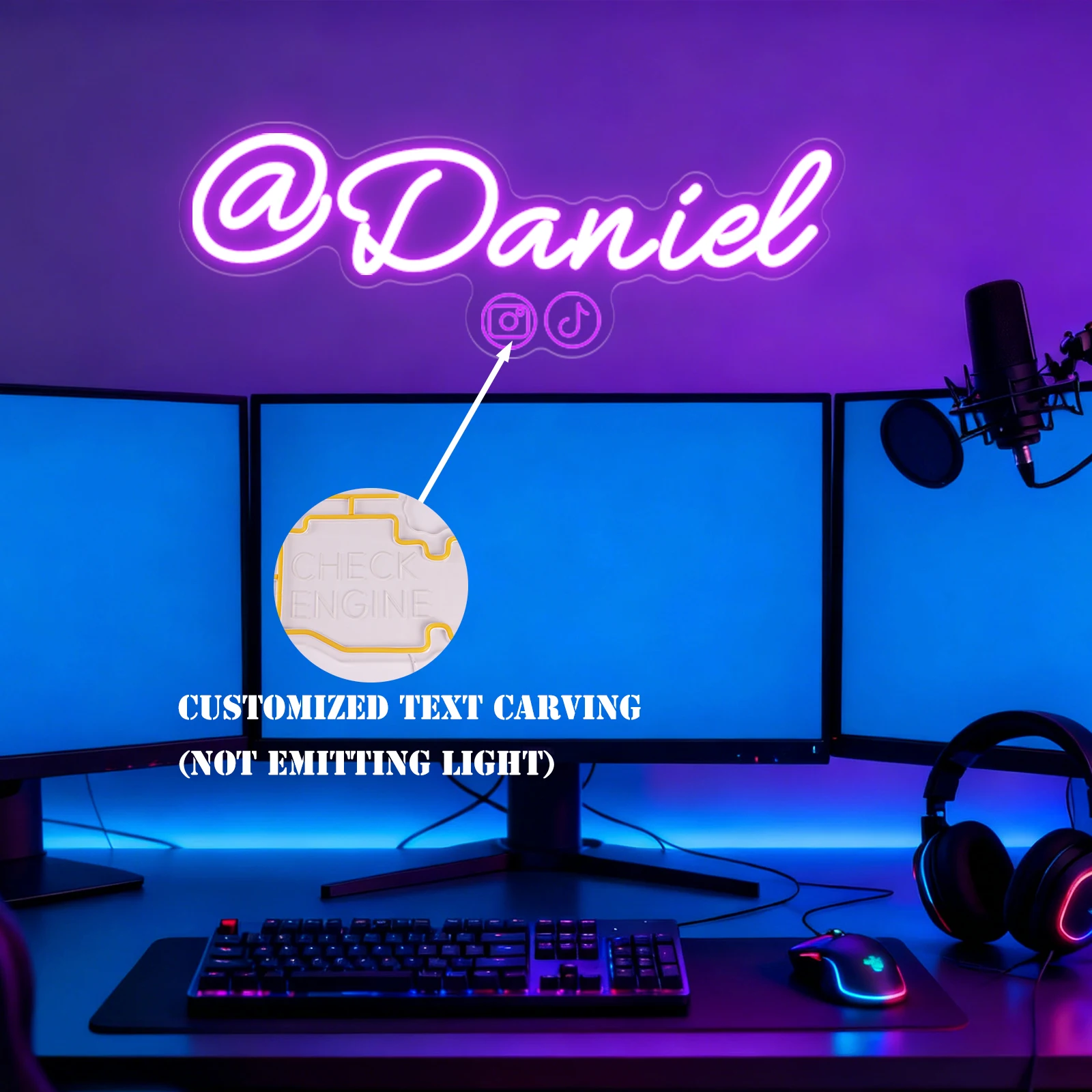 カスタムネームネオンサイン（エレガントなスクリプト＆ソーシャルアイコン付き）-多色のパーソナライズledライト、ゲーム用モダンデスクデコレーション