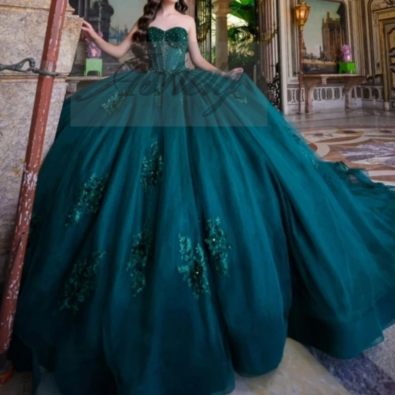 

Зеленые платья Quinceanera по индивидуальному заказу, бальное платье с бисером, мексиканское женское платье для выпускного вечера, одежда для особых случаев, Vestido De xv Anos 2025