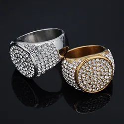 Iced Out stainless steel Ring for Men Real Gold color with rhinestone Hip Hop Fashion Jewelry