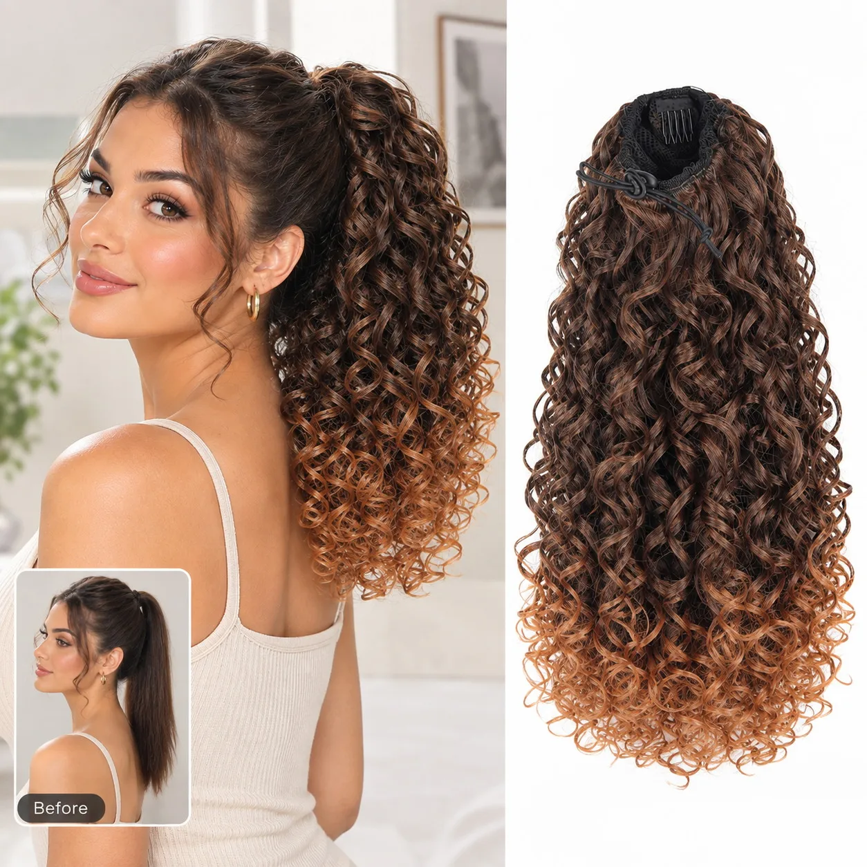 16 Inch Curly Ponytail Extension Spiral Spring Curls Ombre Dark Brown Caramel Synthetic Hair Clip Drawstring Vintage Ponytail