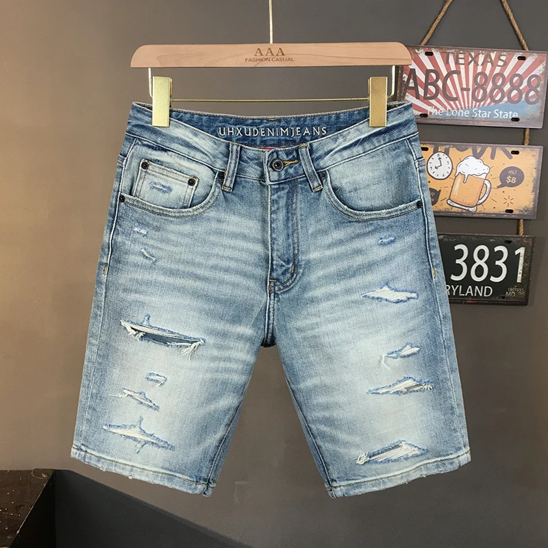 

Men's Distressed Patchwork Denim Shorts Summer Lightweight Trendy Light Blue Slim Straight Fit Stretch Mid-Length Casual Shorts