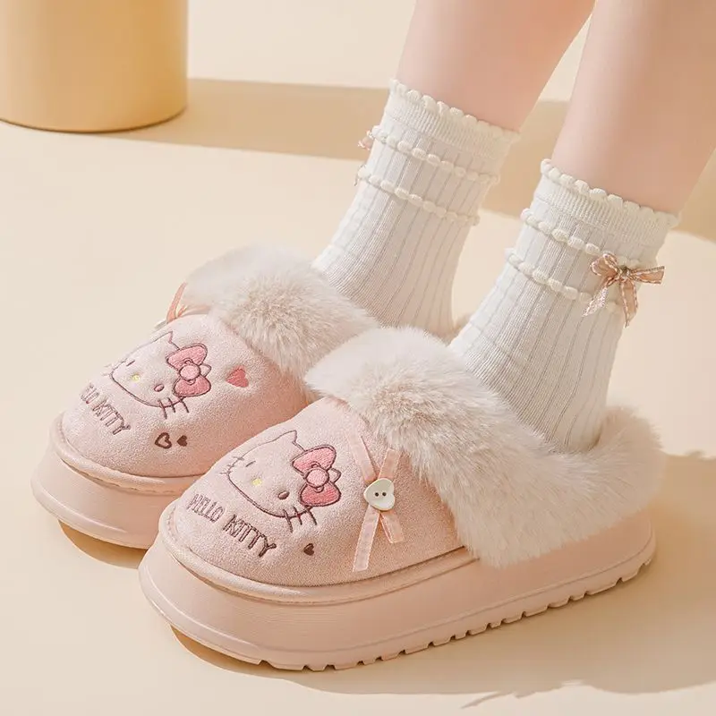 

Милые мультяшные тапочки Sanrio Hello Kitty для женщин, осенне-зимние, нескользящие, износостойкие, теплые хлопковые туфли для дома и улицы, подарок