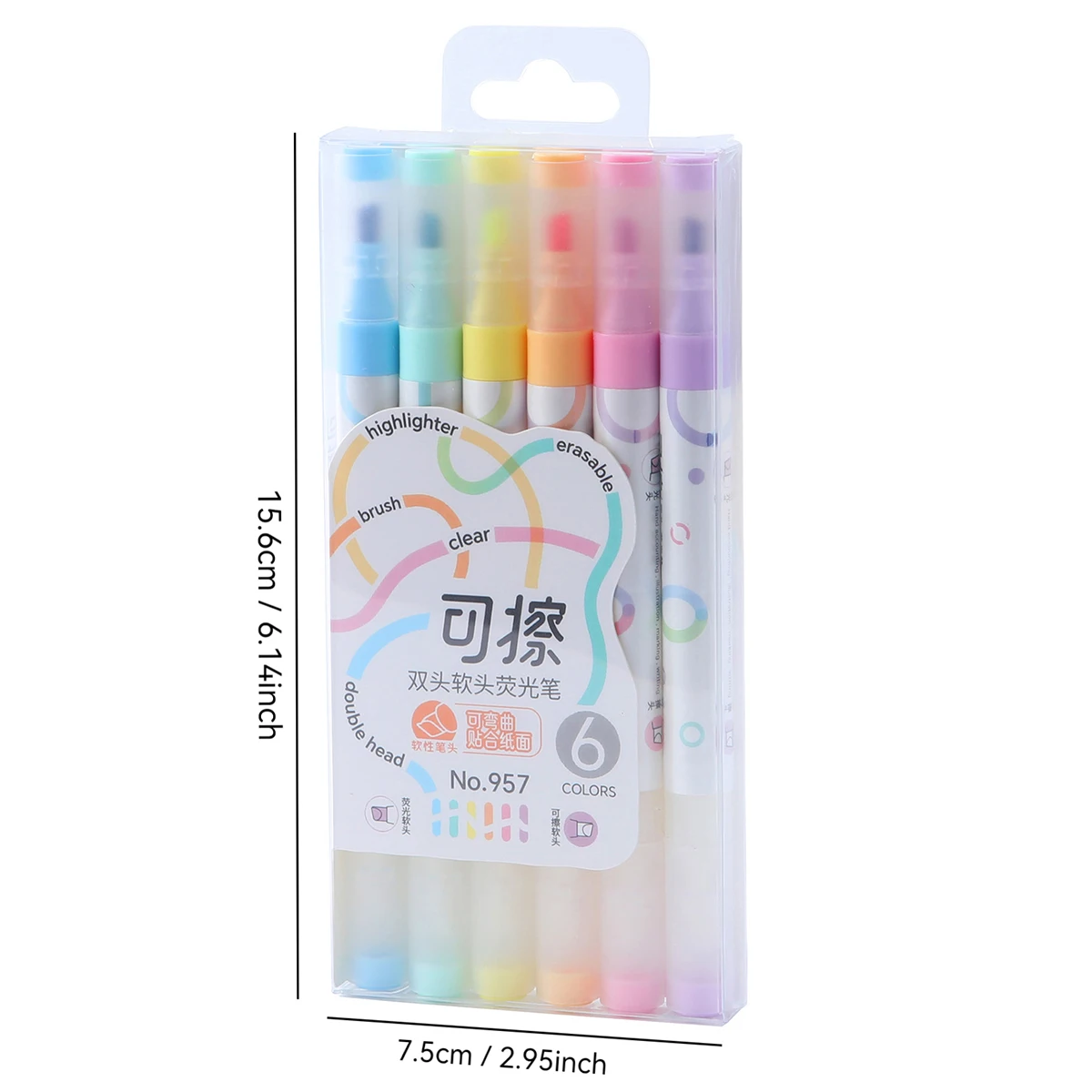 6Pcs/set Erasable Highlighters Kawaii Students Stationery Dual Tip Pastel Fluorescent Pen for Art Drawing Doodling Marking Pen