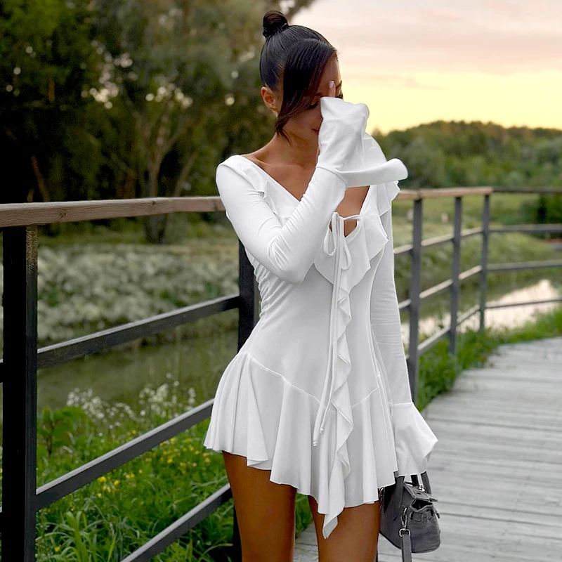 Sexy Deep V Neck Flare Long Sleeve Pleated Mini Dress Women Ruffle Slim Fit White Sundress 2024 Summer Harajuku Y2K Clothes