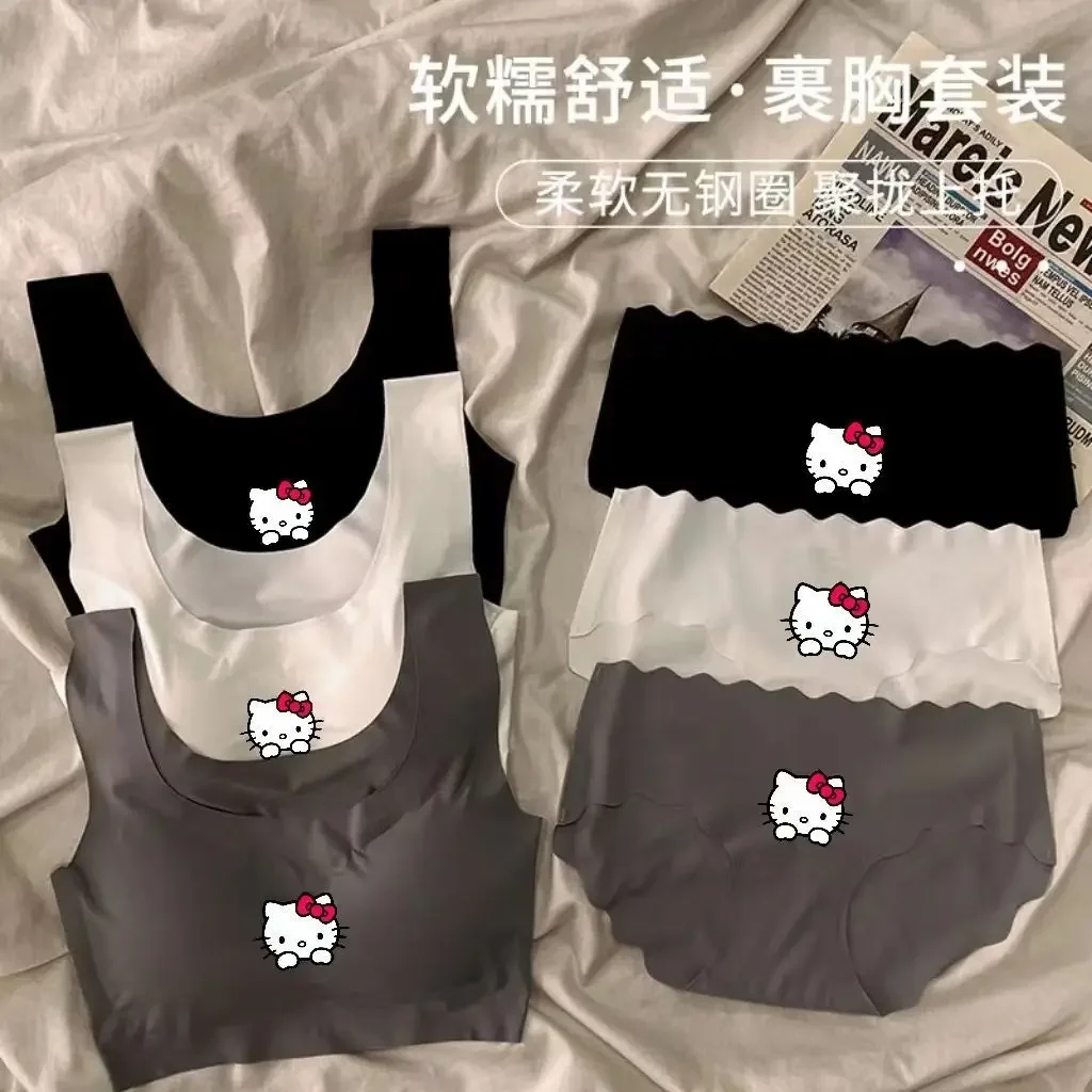 Sanrios Hellokittys Cute Anime Halter Front Button Showing Breasts Big Wrapped Breast Girl Push-Up Bra Vest Underwear Set Gift